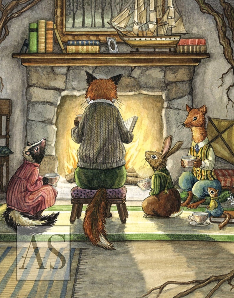 astrid sheckels book illustration fox animals reading near fire